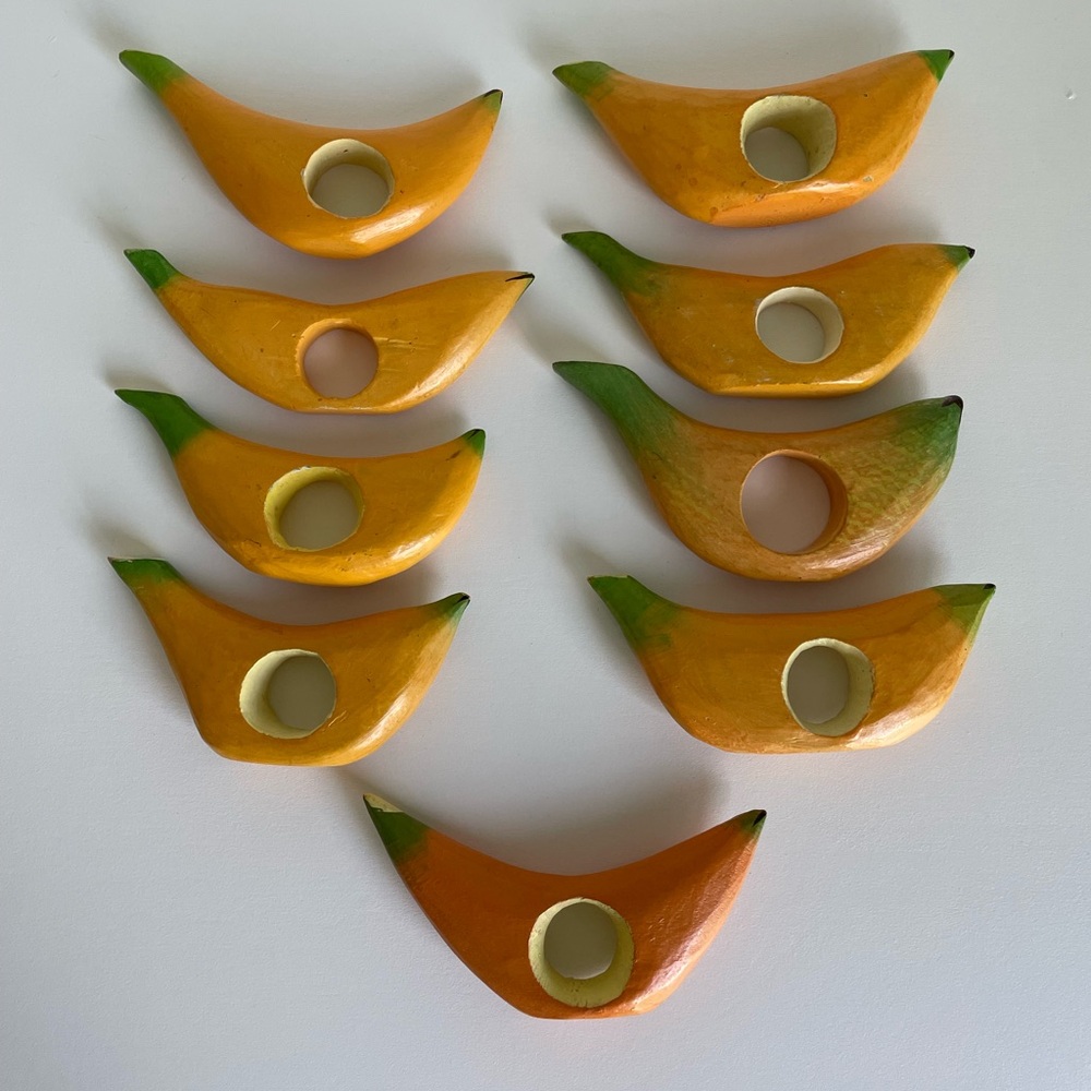 Banana Fruit Shaped Wooden Napkin Rings Holders Set Of 9 Vintage Tropical Theme